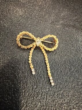 Avon Gold Bow Drop Brooch with Crystal Accents
